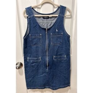 Polo by Ralph Lauren Denim Zip Up Jumper Pinafore Dress Logo Medium 100% Cotton